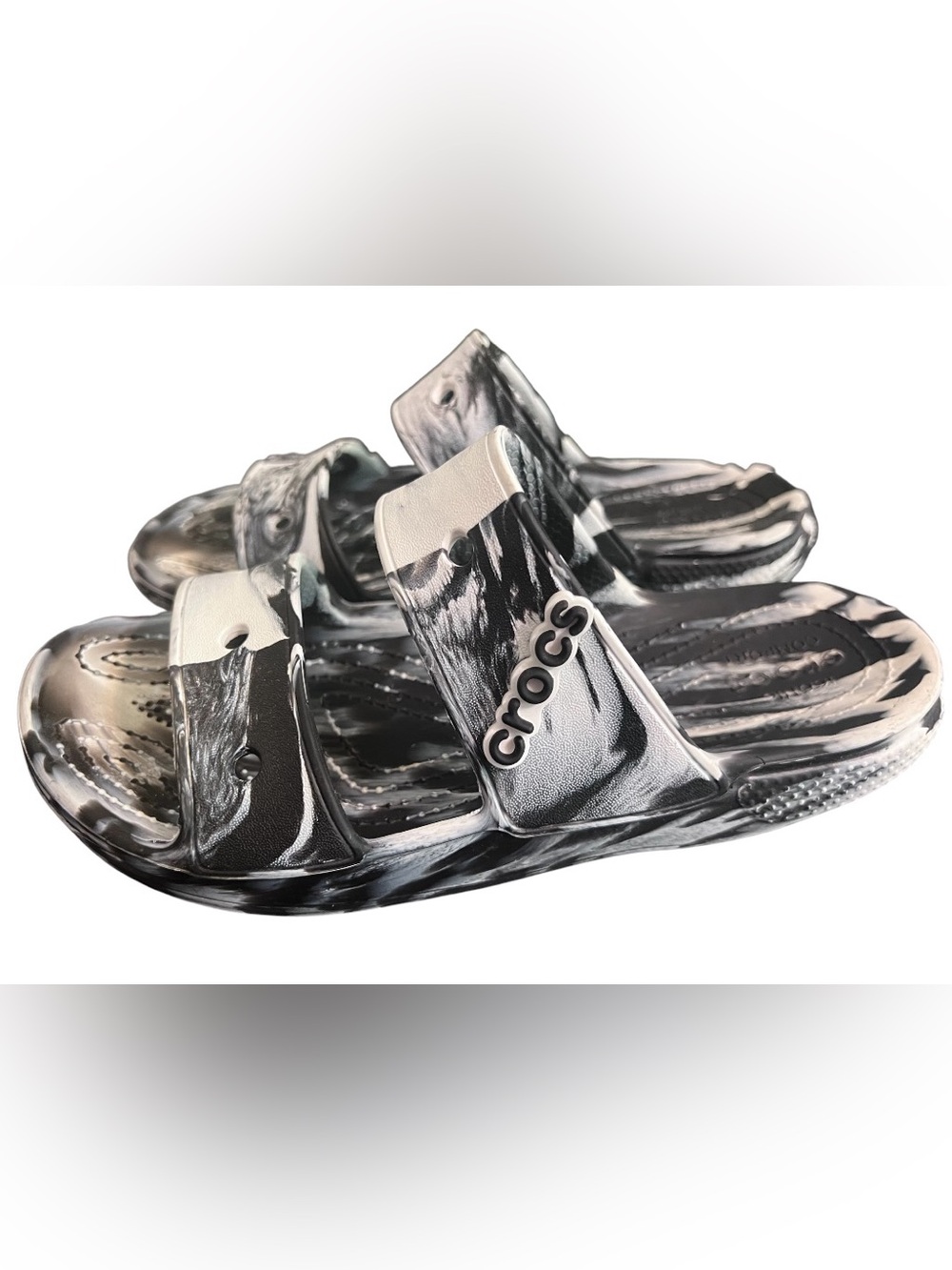 Crocs Black & White Marbled Slide Sandals | Women’s 8 / Men’s 6 | Like New